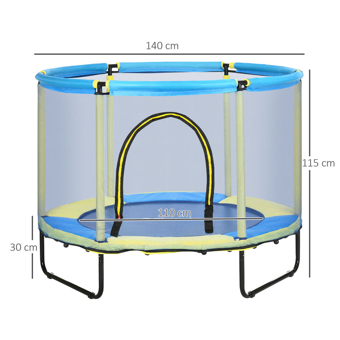Kids Trampoline with Safety Enclosure - 140 cm Indoor Bouncer for Ages 1-6, Blue - Fun and Secure Jumping Gym for Children