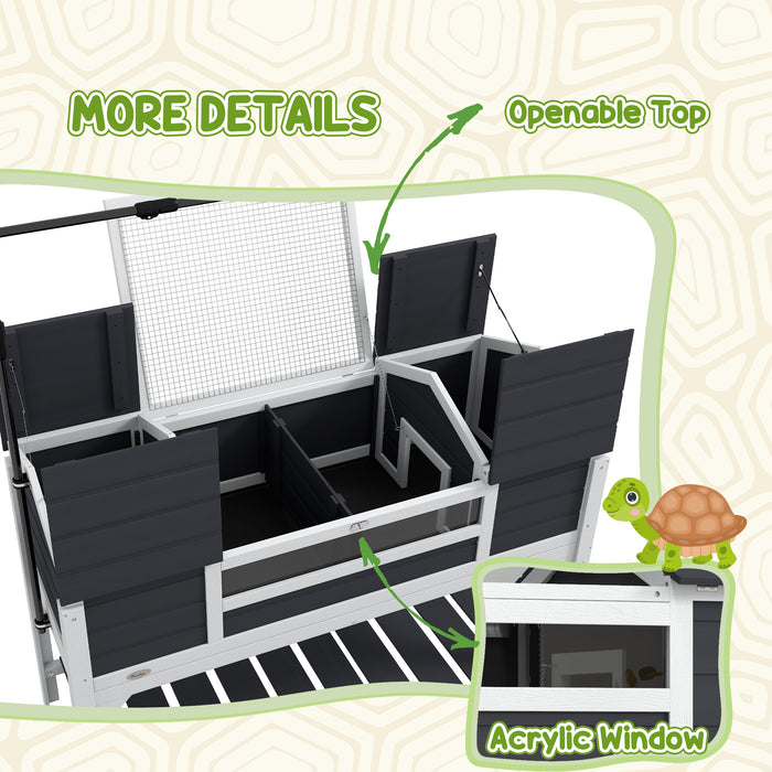 Wooden Tortoise Habitat with Lamp Holder - Dual Chambers & Storage Space, Removable Tray - Ideal for Reptile Comfort & Easy Maintenance