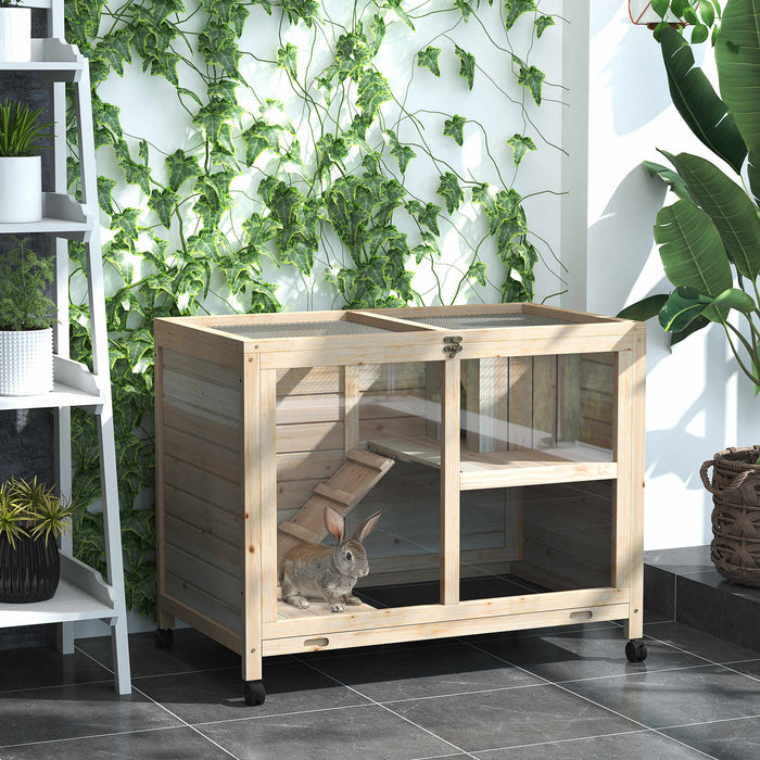 Wooden Rabbit Hutch with Wheels and Pull-Out Tray - Small Animal Enclosure for Guinea Pigs and Bunnies, Openable Roof Design - 91.5 x 53.3 x 73 cm Ideal for Pet Comfort and Easy Cleaning