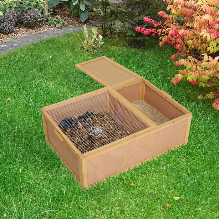 Wooden Tortoise Habitat - 94 cm Two-Room Turtle Terrarium for Small Reptiles, Natural Look - Ideal for Pet Safety and Comfort