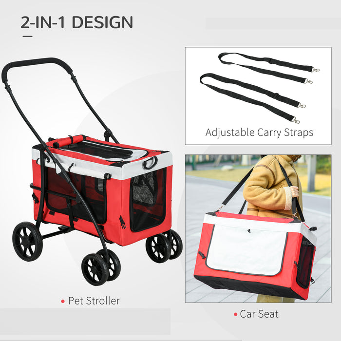 Foldable Pet Stroller with Detachable Carrier - Soft-Padded Travel Crate for Mini & Small Dogs - Ideal for Comfortable and Secure Outings in Red