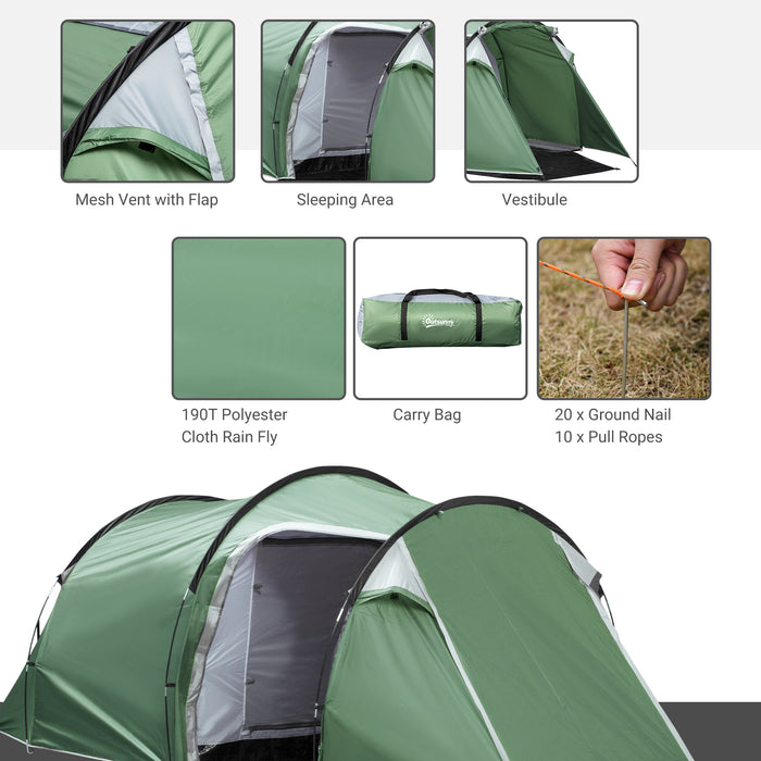 2-3 Person Tunnel Camping Tent - Sewn-in Groundsheet, Air Vents, 2000mm Waterproof Rainfly in Green - Ideal for Small Group Outdoor Adventures