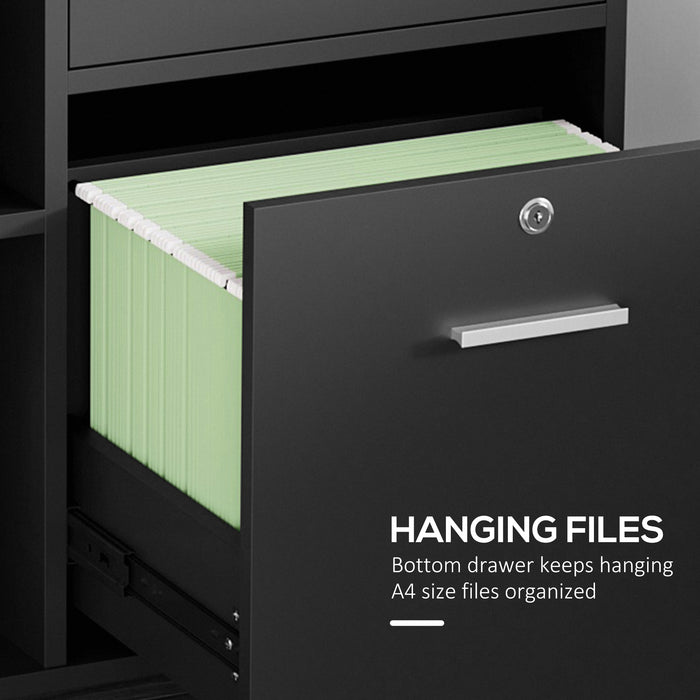 Mobile Office Storage Organizer - Rolling Filing Cabinet with Open Shelves and Drawers for A4 Papers - Space-Saving Printer Stand with Wheels for Home Office
