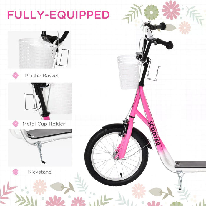 Kids Kick Scooter - Adjustable Handlebar, Dual Brakes, Basket, Cupholder, Mudguard, 16" Inflatable Rubber Tires in Pink - Fun and Safe Ride for Children and Teens