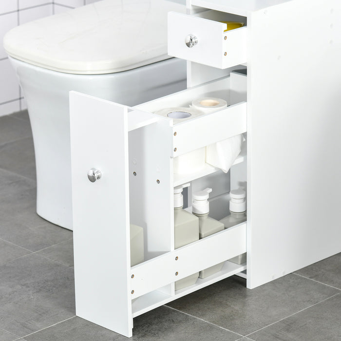 White Slimline Bathroom Storage Cabinet - Space-Saving Bath Organizer with Drawers - Ideal for Toiletries and Linen Management