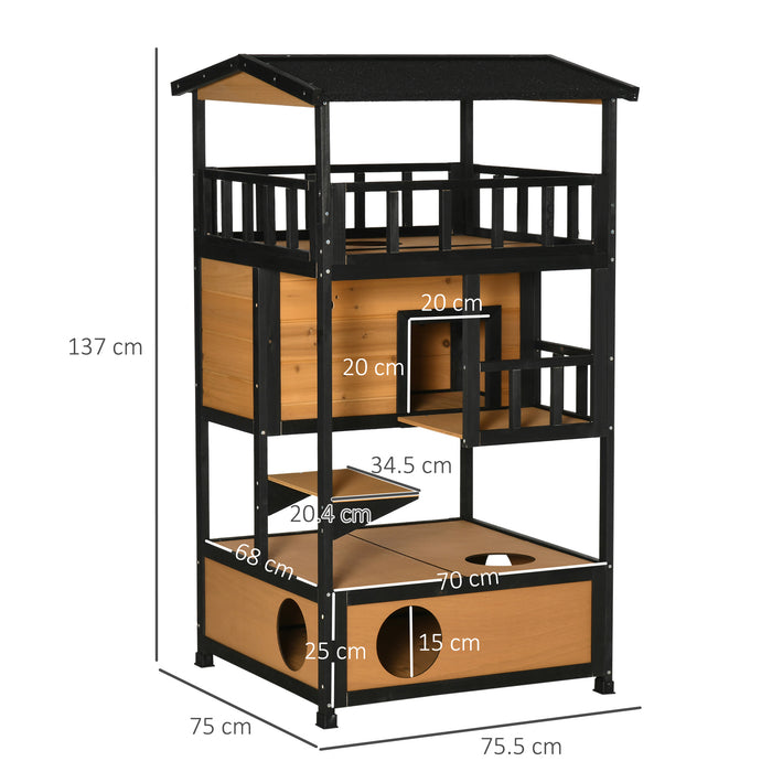 3-Tier Wooden Cat House - Winter-Ready Kitten Shelter with Tilted Roof, Terrace & Jump Step - Cozy Lodge for Cats with Elevated Base & Bottom Tray, Yellow