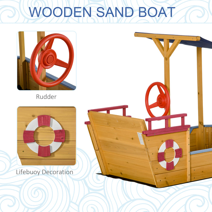Kids Wooden Sandbox Play Boat - Covered Outdoor Sand Play Station with Canopy Shade for Ages 3-8 - Ideal for Backyard Fun and Creativity in Orange