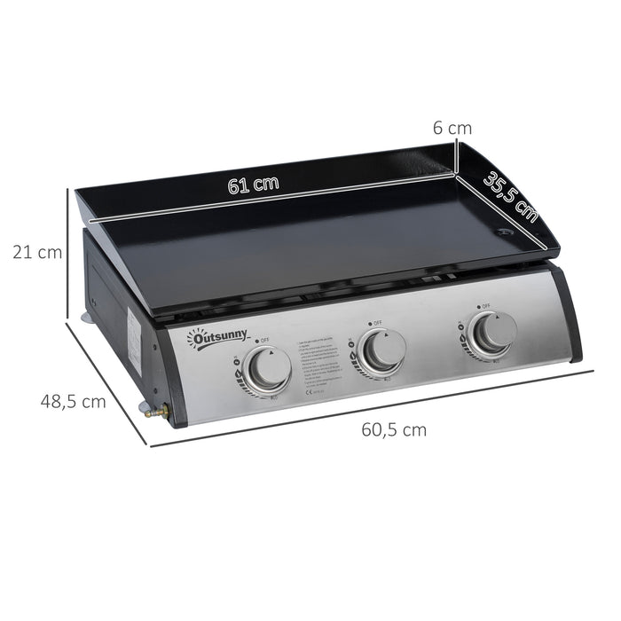 3-Burner Portable Gas Plancha Grill - 9kW Stainless Steel, Non-Stick Griddle for Outdoor Cooking - Ideal for Camping, Picnics, and Garden Parties