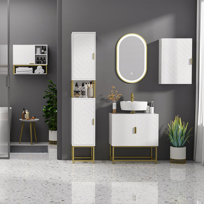 Under Sink Bathroom Mirror Cabinet - Basin Cupboard with Dual Door Storage and Elegant Gold Steel Legs - Stylish Organization for Restroom Essentials
