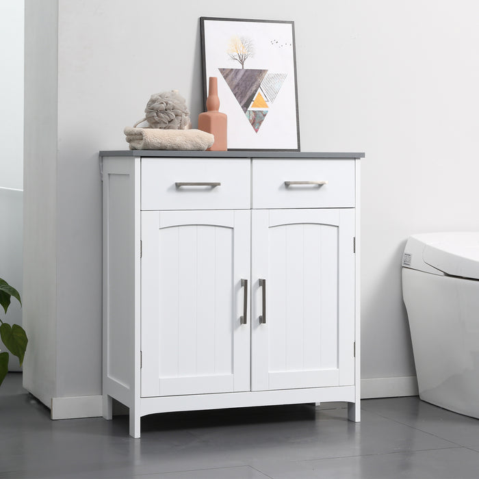 Freestanding Wooden Bathroom Floor Cabinet with 2 Drawers - Double Doors & Adjustable Shelf Storage Cupboard, Elegant White - Ideal for Organizing Toiletries and Linens