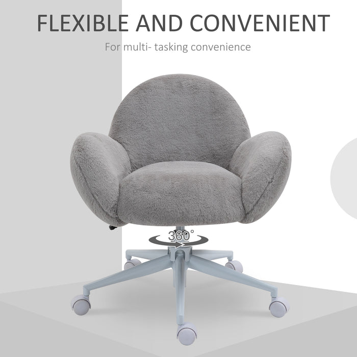 Fluffy Leisure Chair - Ergonomic Home Office Chair with Backrest, Armrests & Wheels - Comfortable Seating for Bedroom & Living Room, Grey