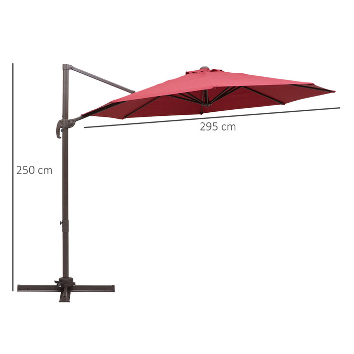 3M Cantilever Umbrella with Aluminium Frame - Wine Red 360° Rotating Hanging Parasol with Cross Base - Ideal for Outdoor Shade and Sun Protection