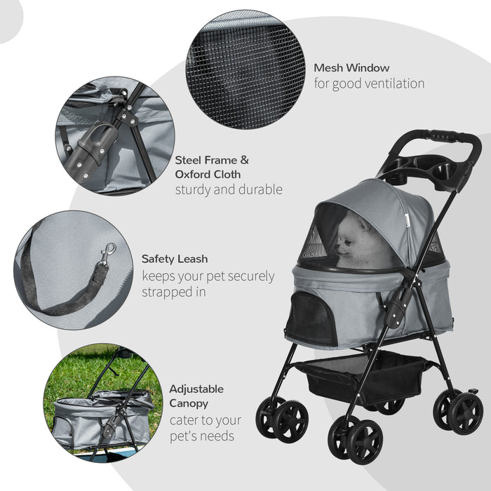 No-Zip Pet Stroller for Dogs and Cats - Travel Pushchair with One-Click Folding, EVA Wheels, Brake, and Basket - Adjustable Canopy and Safety Leash for Secure Outdoor Excursions in Grey