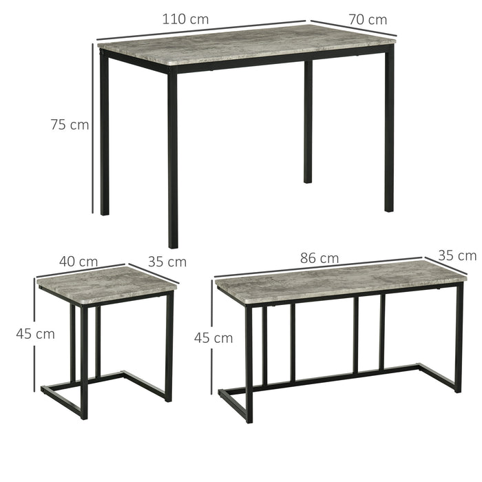 Concrete-Effect Dining Ensemble for Four - Steel-Framed Kitchen Table & Bench Set with Grey Finish - Ideal for Family Meals and Small Space Dining