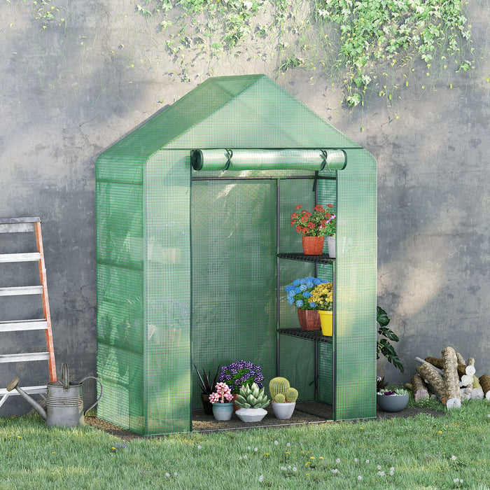 Portable Walk-In Greenhouse - 2-Tier Shelves, Roll-Up Zippered Entrance, PE Weather-Resistant Cover, 141x72x191 cm - Ideal for Garden Enthusiasts and Plant Cultivation