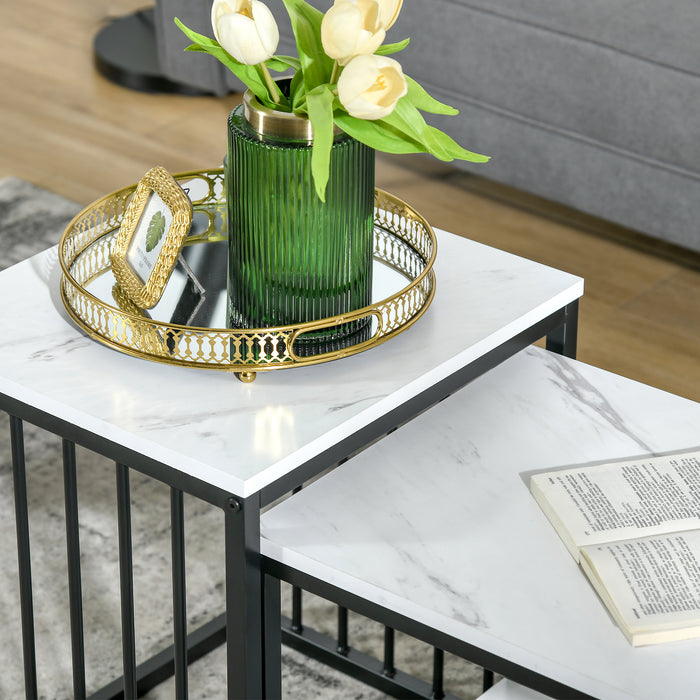 Marble-Effect Coffee Table Duo - Contemporary Nesting Design with Steel Frame for Living Space - Elegant White & Black Tables for Home or Office Décor