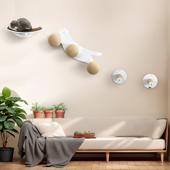 Cat-Shaped Wall Mounted Shelf Set - 4-Piece Cat Furniture with Scratching Posts and Hanging Balls - Ideal for Playful Felines and Space-Saving Pet Decor