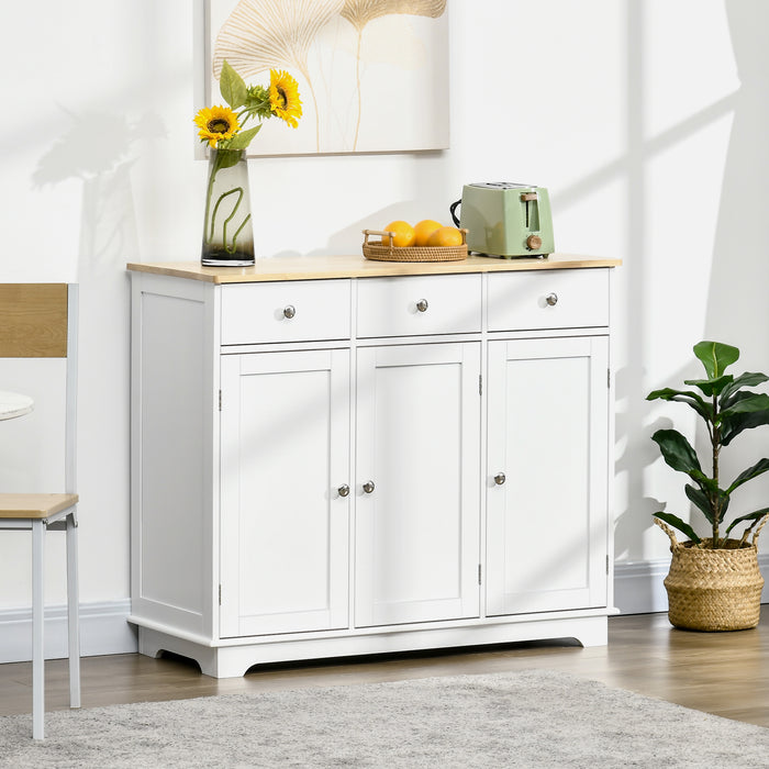 Modern Rubberwood-Topped Sideboard - Buffet Cabinet with Drawers and Adjustable Storage Shelves - Ideal for Living Room and Kitchen Organization