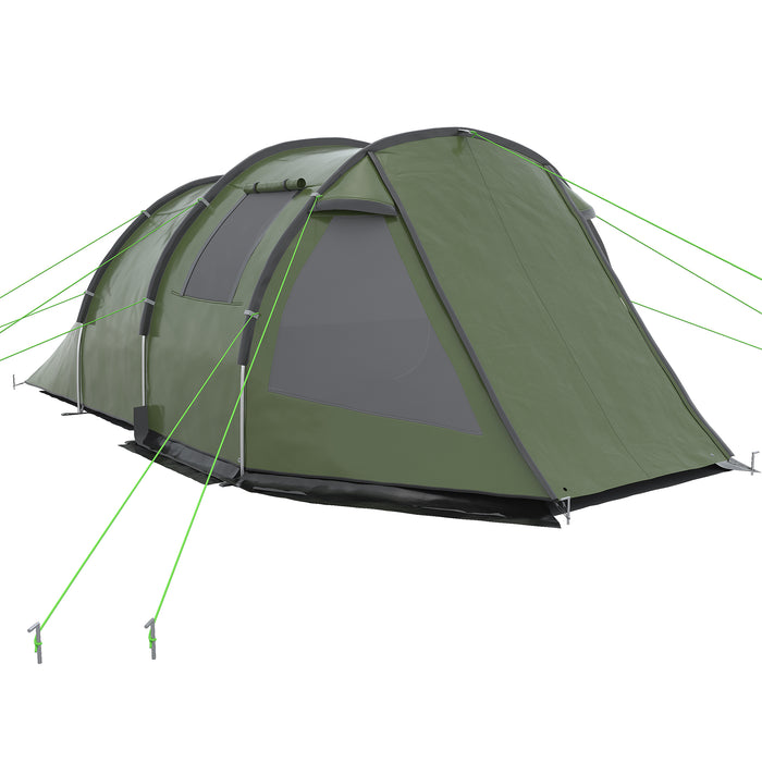 3-4 Person Two Room Tunnel Tent - Spacious Camping Shelter with Windows and Covers - Ideal for Fishing, Hiking, and Outdoor Sports, Includes Carry Bag, Green