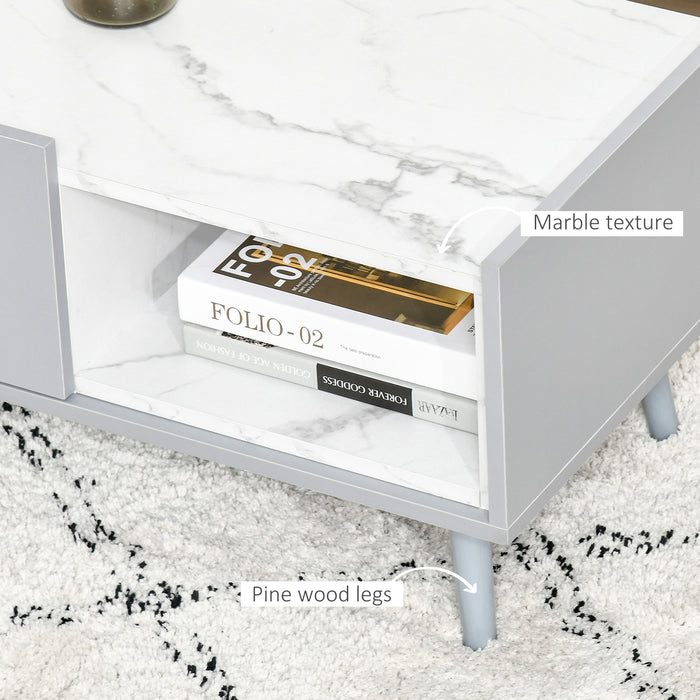 Duo Storage Two-Tone Coffee Table - Modern Marble Effect with Shelf and Drawer - Elegant Grey and White Side Table with Wooden Legs for Living Room