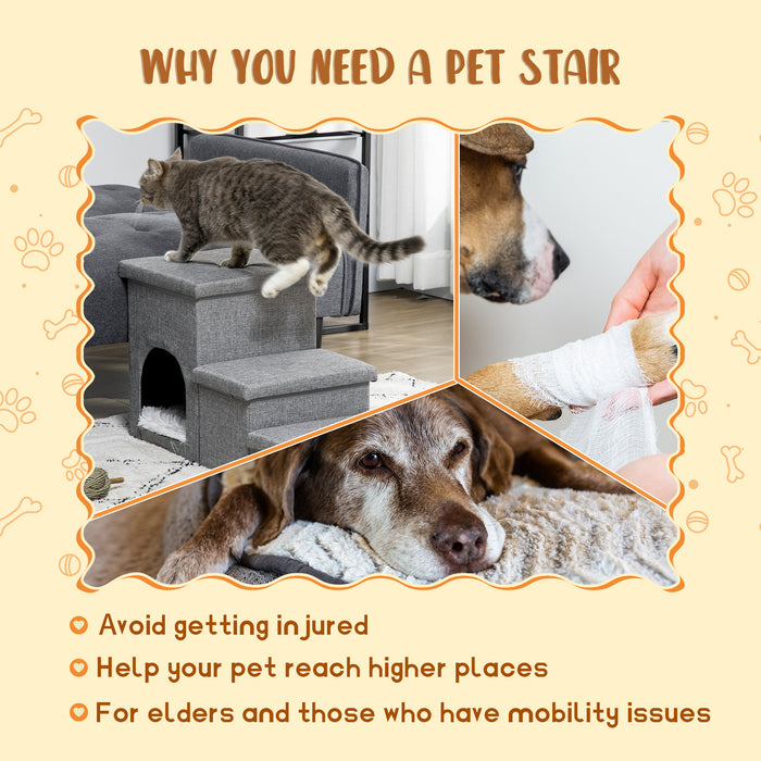 3-Step Pet Stairs with Cozy Kitten House and Storage - Dog Steps for Sofa Accessibility - Multi-functional Ramp with Washable Cushion for Small Pets