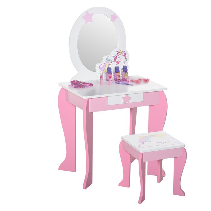 Kids Unicorn Dressing Table with Stool and Acrylic Mirror - Pink and White Dresser for Girls, Pretend Play Furniture - Ideal for Ages 3-6, Encourages Imaginative Play