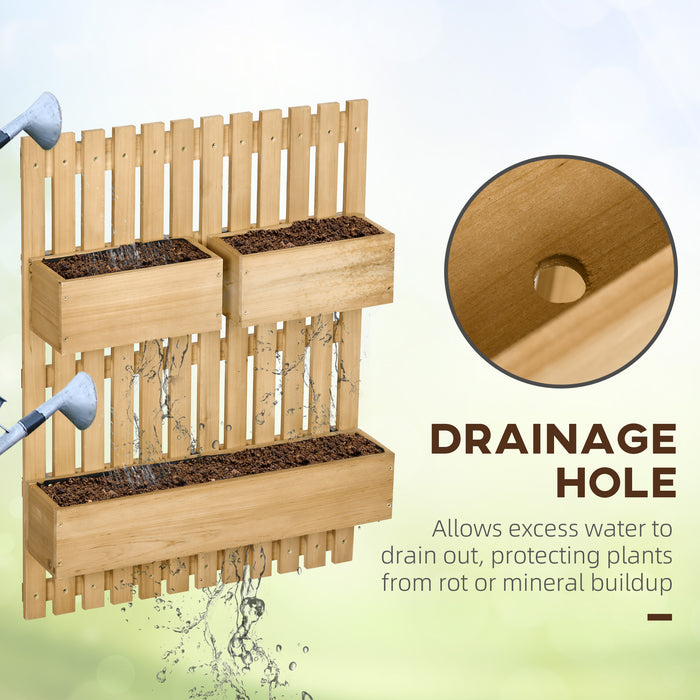 Wooden Garden Wall Planter with Trellis - Wall-Mounted Plant Holder with Drainage, 3 Adjustable Boxes - Ideal for Patio, Raised Bed Gardening in Natural Finish