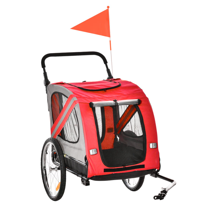 2-in-1 Dog Bike Trailer and Pet Stroller - Reinforced Steel Frame Bicycle Carrier with Universal Wheel, Reflectors & Safety Flag - Red Travel Cart for Small to Medium Pets