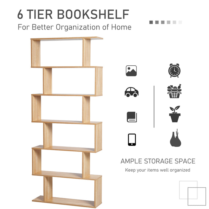 S-Shaped Wooden Bookcase - 6-Tier Storage Display Shelves & Room Divider - Versatile Oak Cabinet for Home and Office Organization