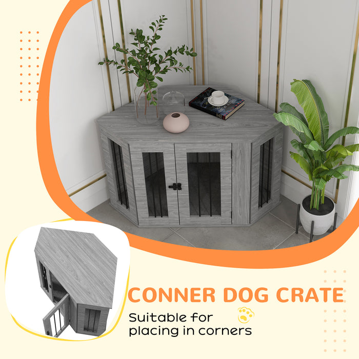 Corner Dog Crate with Comfort Cushion - Elegant Furniture-Style Pet Enclosure, 104x55x63 cm in Grey - Ideal for Home-Integrated Pet Comfort and Safety