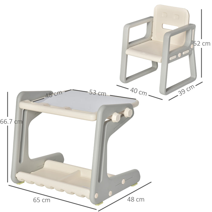 Kids 2-in-1 Study Table and Chair Set - Drawing Board Writing Desk with Whiteboard, Pens, Eraser, Storage - Creative Learning Furniture for Toddlers in Grey/White
