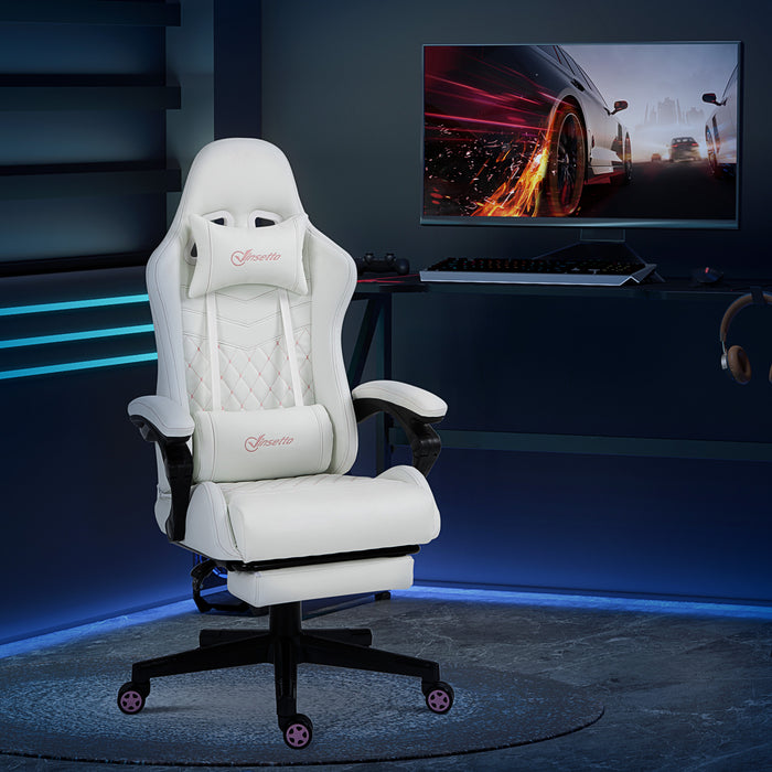 Ergonomic Racing Style Gaming Chair - Swivel Wheels, Adjustable Footrest, PU Leather Reclining Seat - Comfortable Home Office Gamers' Essential in White