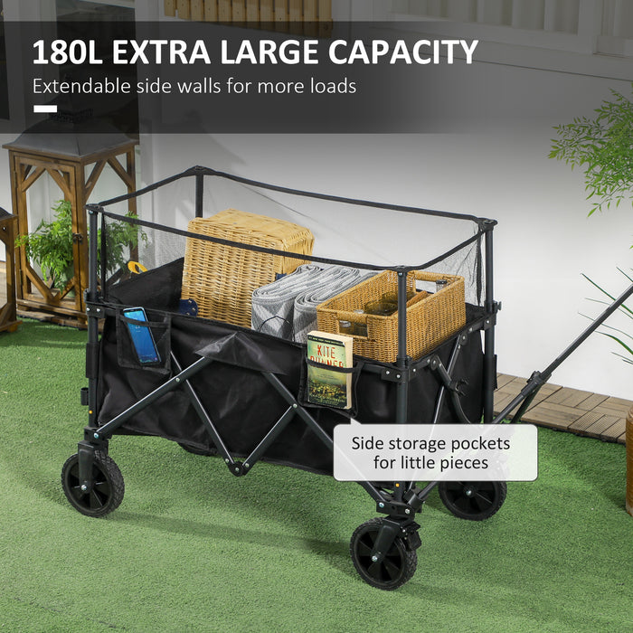 180L Folding Garden Trolley with Extendable Side Walls - Versatile Wagon Cart for Beach, Camping & Festival Use - Sturdy Black Utility Cart for Outdoor Adventures