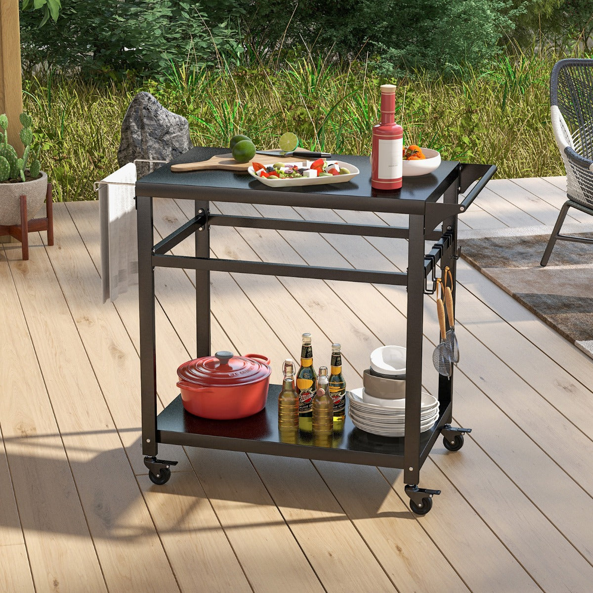 BBQ Cart with Double Shelves and Lockable Wheels - Portable, Movable Outdoor Barbecue Station with Side Handle - Perfect for BBQ Lovers for Convenient Grilling Experience