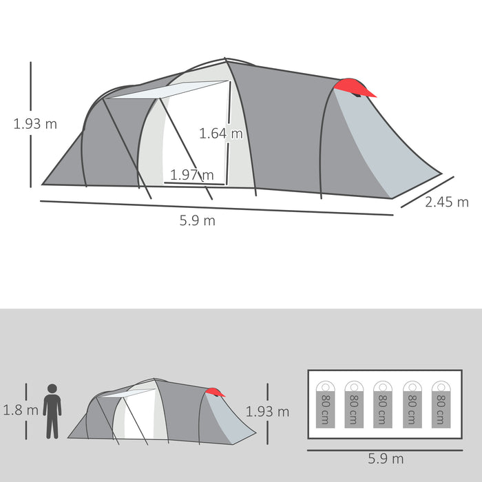 Large 4-6 Person Tunnel Tent with 2 Bedrooms - Spacious Living Area, Vestibule, Waterproof 2000mm, UV Protection UV50+ - Ideal for Family Camping and Fishing Trips, Includes Portable Bag