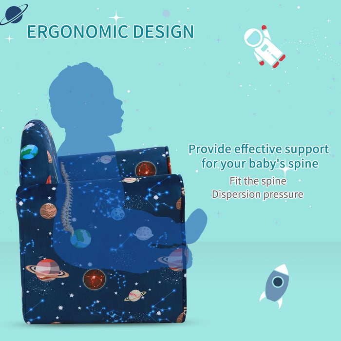 Kids Planet-Themed Cozy Armchair - Sturdy Wood Construction with Non-Slip Feet in Blue - Perfect Seating for Children's Rooms