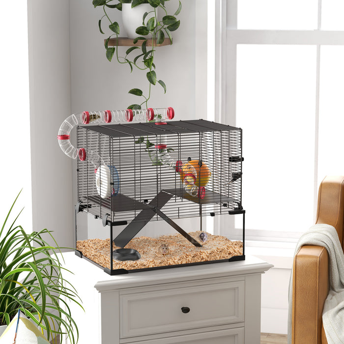 Dwarf Hamster & Gerbil Cage with Deep Glass Base - Includes Tunnels, Cozy Hut, and Exercise Wheel for Small Pet Enrichment - Spacious 60x40x57 cm Habitat for Rodent Comfort