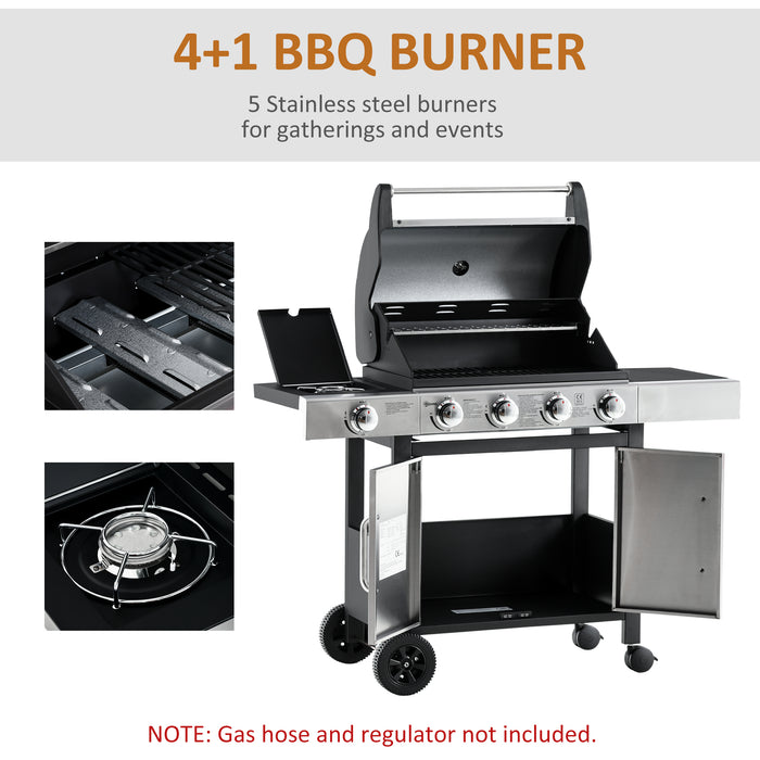 4+1 Gas Burner Barbecue Grill with Side Burner - Outdoor BBQ Trolley, Warming Rack, Side Shelves, Storage Cabinet - Piezo Ignition, Built-In Thermometer for Garden Entertaining