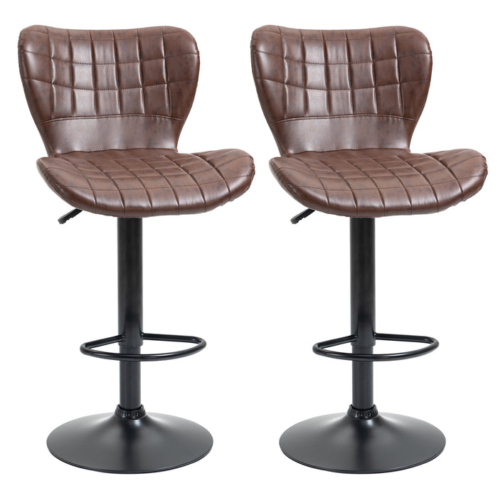 Adjustable Height Swivel Bar Stools Pair - Upholstered in Brown PU Leather with Back & Footrest - Ideal for Kitchen Island & Home Bar Comfort seating