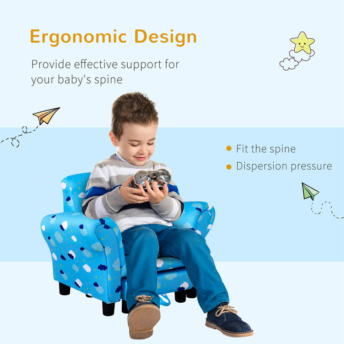Kids' Mini Couch with Footrest - Sturdy Wooden Frame & Anti-Slip Legs, High Back, Armrests - Adorable Cloud and Star Design for Bedroom or Playroom