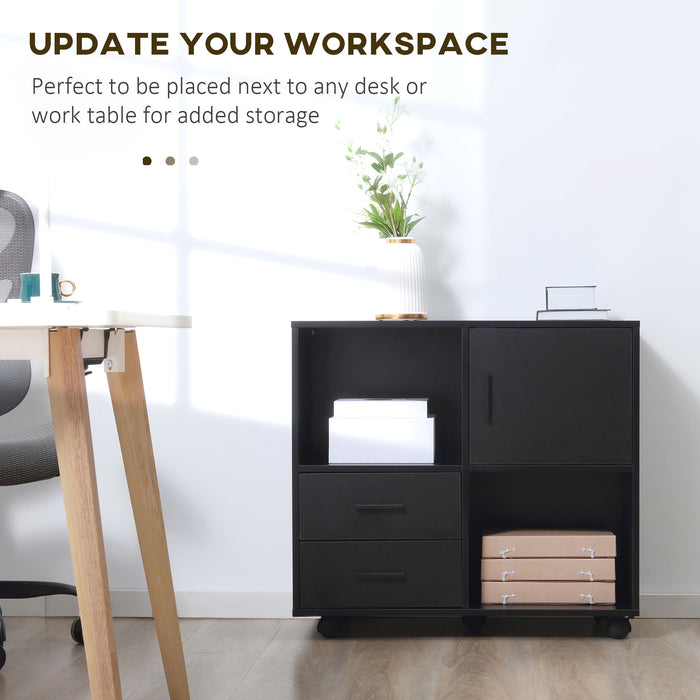 Mobile Printer Stand with Wheels - Open Shelving, Drawers, and Enclosed Storage - Versatile Organization for Home Office Use