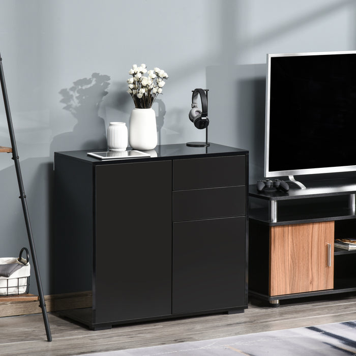 High Gloss Black Sideboard with Push-Open Mechanism - Modern 2-Drawer Side Cabinet for Storage - Elegant Furniture for Living Room and Bedroom