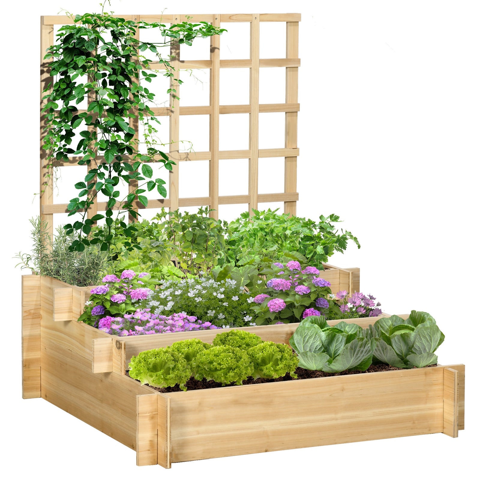 3 Tier Garden Planter with Trellis - Wooden Raised Beds for Vine Climbing, 95x95x110cm in Natural Tone - Ideal for Garden Enthusiasts and Urban Farmers