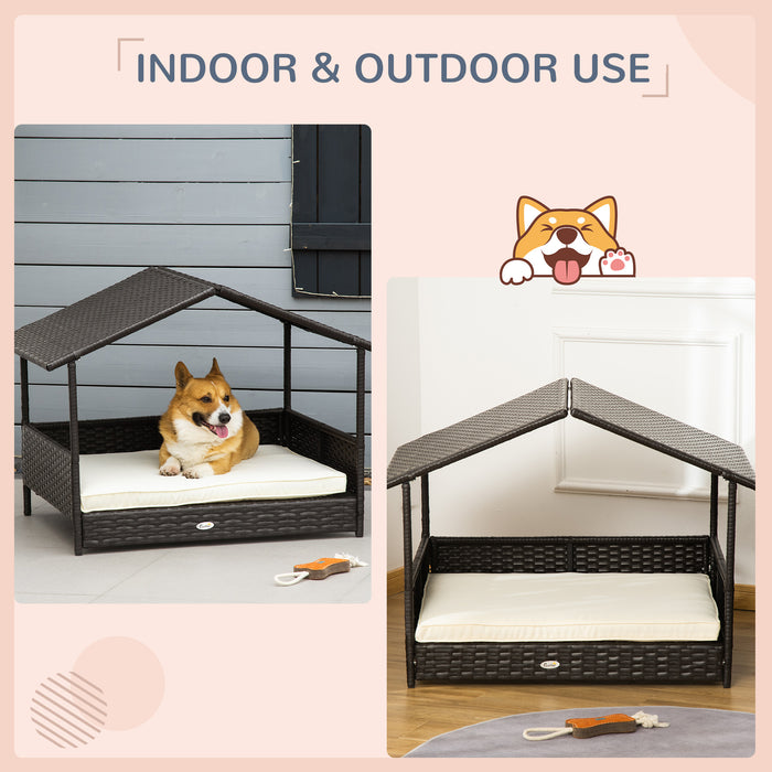Wicker Canine Abode - Rattan Pet House with Detachable Cushion and Canopy for Small to Medium Dogs - Comfortable Shelter in Cream Color