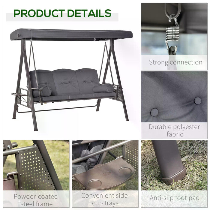 3-Seater Garden Swing Chair - Adjustable Canopy Outdoor Hammock Bench with Cushions & Cup Trays, Steel Frame in Dark Grey - Perfect for Patio Relaxation and Entertainment