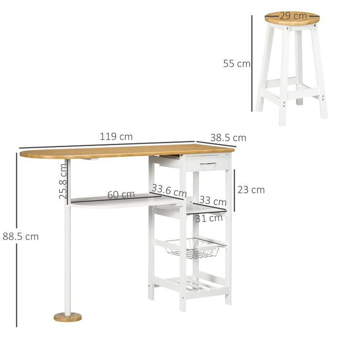3 Piece Breakfast Bar Set with Storage - Kitchen Table, Stools, Shelf, Drawer, Basket & Wine Rack - Space-Saving Dining Solution for Small Spaces