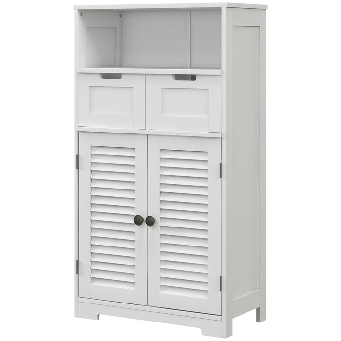 Bathroom Floor Cabinet with Stylish Louvred Doors - Ample Storage with Drawers and Open Shelf - Space-Saving Organizer for Linens and Toiletries