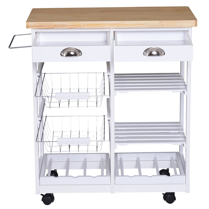Kitchen Island Trolley Cart with Wine Rack - Rolling Storage Unit with Drawers, Shelves, and Basket on Wheels - Versatile Organizer for Home Chefs and Entertaining