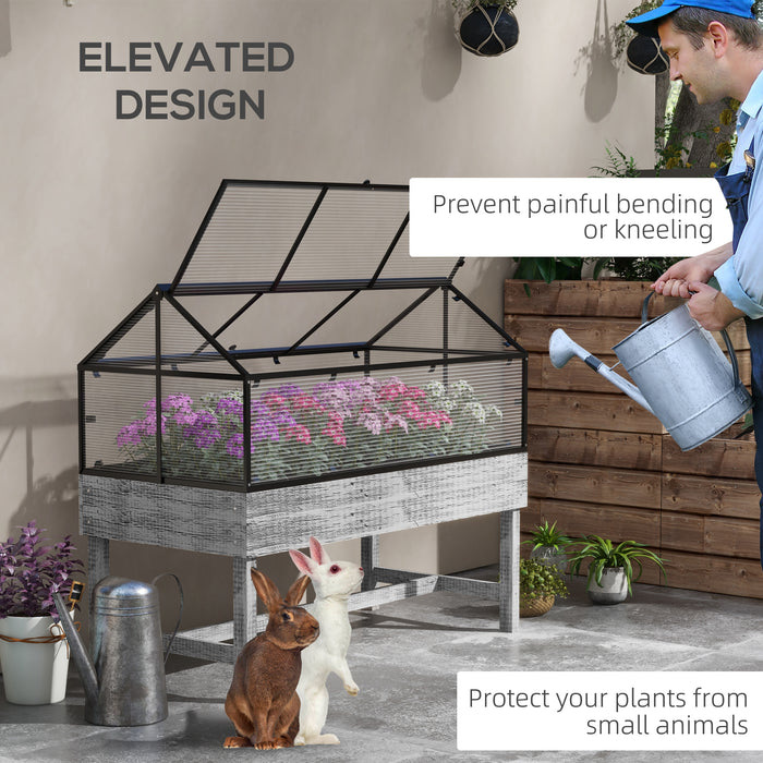 Elevated Wooden Garden Bed with Mini Greenhouse - 120x60x103cm Planter with Polycarbonate Panel and Ventilation - Ideal for Urban Gardening in Distressed Grey