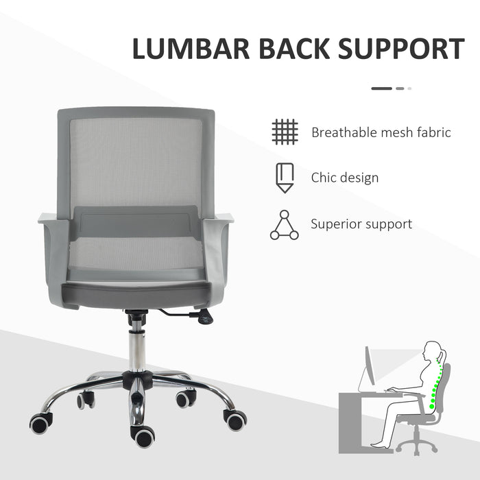 Breathable Mesh Ergonomic Office Chair with Adjustable Height - Desk Chair with Armrests and 360° Swivel Castor Wheels, Grey - Ideal for Comfortable and Productive Workdays